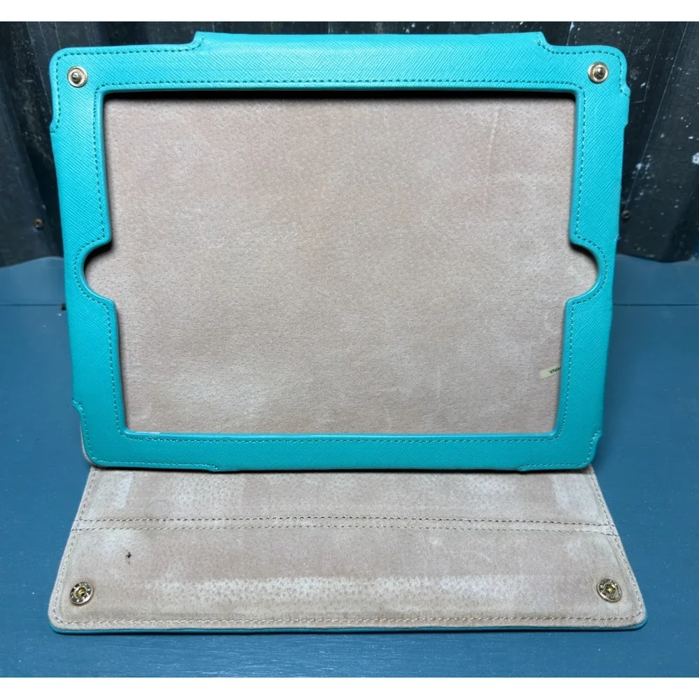 Tory Burch Saffiano Leather iPad Tablet Case Folio Turquoise Teal w/ Handle
